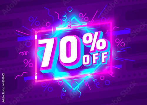Cyber 70 off sale banner, light neon flyer, retro label. Vector