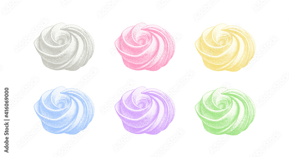 set of color airy french meringues, collection of marshmallow, zephyr. Vector in graphic vintage retro style. sweetness, sweet cake, dessert. set of color airy french meringues, collection of marshmallow, zephyr. Vector in graphic vintage retro style. sweetness, sweet cake, dessert.