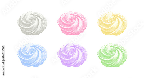 set of color airy french meringues, collection of marshmallow, zephyr. Vector in graphic vintage retro style. sweetness, sweet cake, dessert.