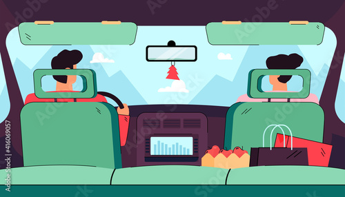 Rear view from backseat of driver and passenger in car isolated flat vector illustration. Cartoon couple driving on nature. Travel, safety speed road and navigation concept