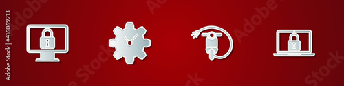 Set Lock on monitor, Time Management, Electric scooter and Laptop and lock icon. Vector.