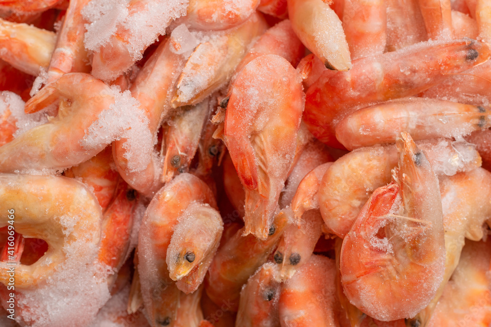 Fresh shrimps in ice. Top view.