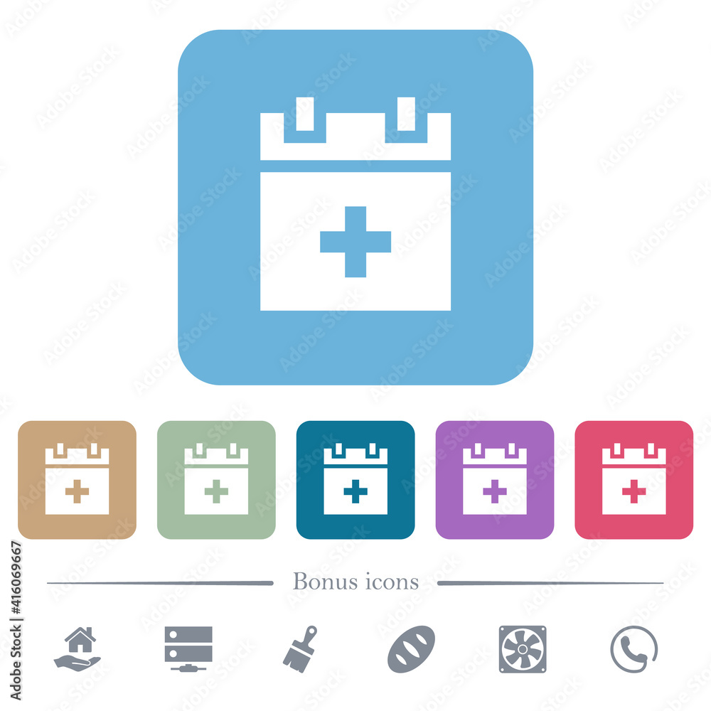 Add new schedule item flat icons on color rounded square backgrounds Add new schedule item flat icons on color rounded square backgrounds