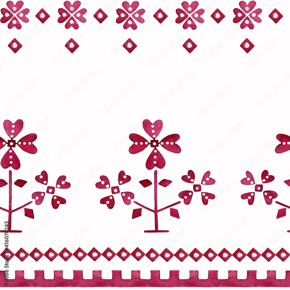 Isolated seamless pattern of Belarusian ethnic ornament painted in red watercolor on a white background
