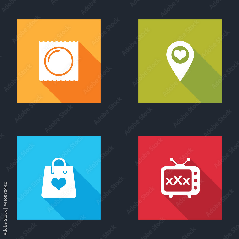Set Condom in package, Location with heart, Shopping bag and Sex tv old television icon. Vector. Set Condom in package, Location with heart, Shopping bag and Sex tv old television icon. Vector.