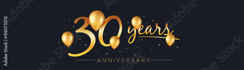 30 years anniversary vector banner. 30th birthday jubilee with golden balloons and confetti. 30 years celebrating invitation. Realistic gold air balloons and confetti pieces. Birthday vector banner.