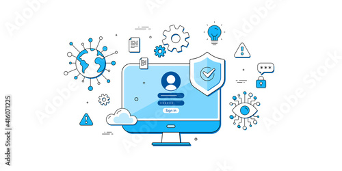 Cyber security access icons. Protect cloud data, Approved login page, Online virtual access. VPN data encryption, personal cyber protection, internet security. Artificial intelligence eye icon. Vector