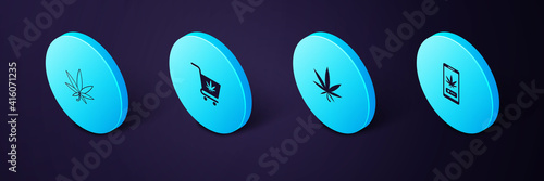 Set Isometric Online buying marijuana, Marijuana or cannabis leaf, Shopping cart with and icon. Vector.