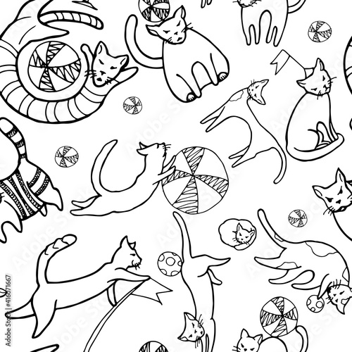 Fototapeta Naklejka Na Ścianę i Meble -  pattern of hand drawn cats doodle playing with balls and flags