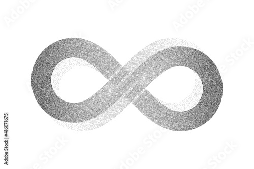 Dotwork Infinity symbol pattern vector background. Sand grain effect. Black noise stipple dots. Abstract noise dotwork pattern. Black dots grunge banner. Stipple Infinity symbol. Dotted vector.