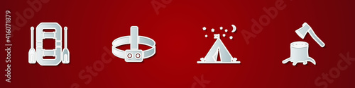 Set Rafting boat, Head flashlight, Tourist tent with flag and Wooden axe stump icon. Vector.