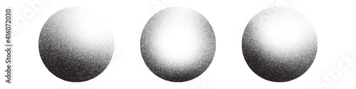 Dotwork 3D Spheres vector background. Sand grain effect. Black noise stipple dots. Abstract noise dotwork balls. Black dots grunge round elements. Stipple circles. Dotted vector spheres.