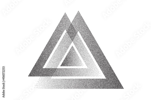 Dotwork triangles pattern vector background. Sand grain effect. Black noise stipple dots. Abstract noise dotwork triangle. Black dots optical paradox banner. Stipple circles. Dotted vector background.