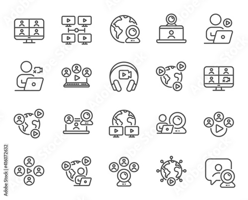 Online meeting line icons. Virtual presentation, Video conference, Live chat icons. Team video, Digital training, Online presentation. Live webinar, Remote team conference, Virtual study. Vector