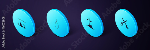 Set Isometric Crossed pirate swords, Tropical island in ocean, Gallows rope loop hanging and Sunken ship icon. Vector.