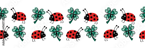 Seamless ladybug and four leaf clover vector border. Flat red Ladybugs and clover leaves on white horizontal repeating pattern. Cute good luck charms animal kids design for print, fabric trim, footer.