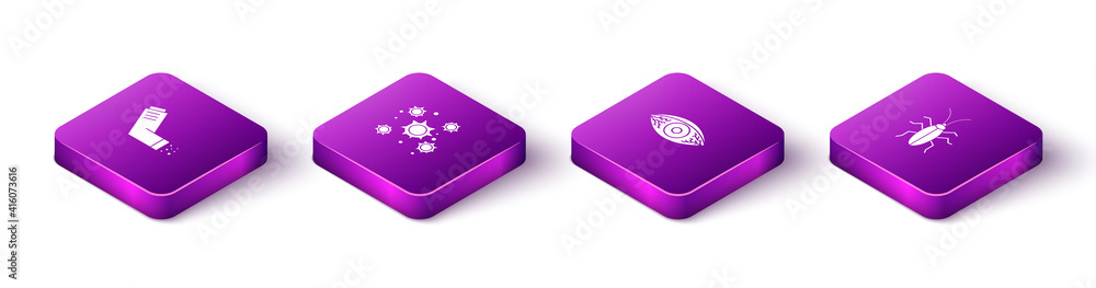 Set Isometric Inhaler, Bacteria, Reddish eye allergic conjunctivitis and Cockroach icon. Vector. Set Isometric Inhaler, Bacteria, Reddish eye allergic conjunctivitis and Cockroach icon. Vector.