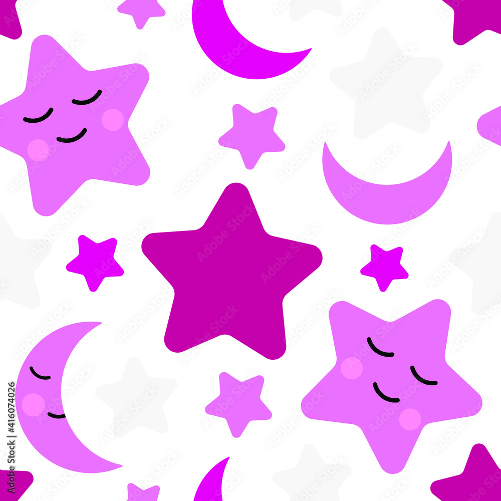 Obraz premium Seamless background with pink stars and moons for printing on children's fabrics, textiles, paper, bed decor. Vector graphics.
