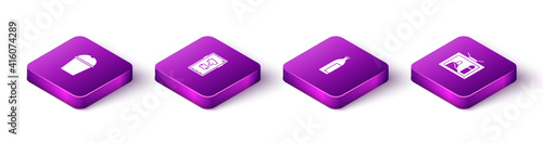 Set Isometric Paper glass water, Megaphone on mobile, Lotion cosmetic tube and Stop plastic pollution icon. Vector.