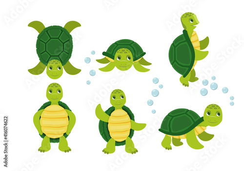 Flat vector set of cute turtles in different actions swimming. Cartoon set of cute turtle. Funny little turtles, walking and swimming turtle animals.