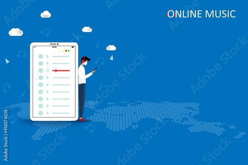 Internet online radio streaming, music applications, playlist online podcast concept, young man wear a face mask and listening to the music by using smartphone in blue color background.
