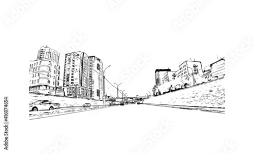 Building view with landmark of Novosibirsk is the
city in Russia. Hand drawn sketch illustration in vector.