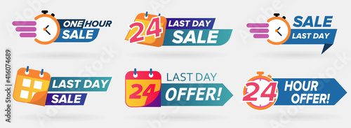 Sale countdown days left badge. One, five minute last down count offer banner. Clearance sale promotions, best deal badge, happy hours promo icon.