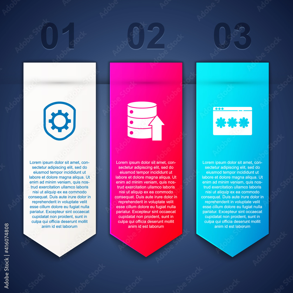 Set Shield with settings gear, Server, Data, Web Hosting and Password protection. Business infographic template. Vector. Set Shield with settings gear, Server, Data, Web Hosting and Password protection. Business infographic template. Vector.