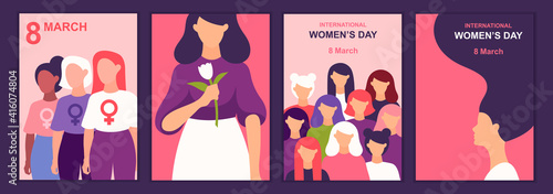 International Women's Day. March 8. Woman portrait. Set of templates for banners, posters, cards, flyers, postcards. Vector flat illustration. 