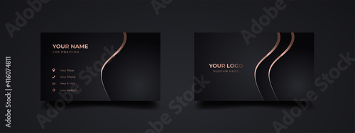 Luxury and elegant dark black business card design with gold wavy style minimalist print template. Two sided golden design.