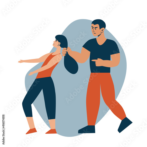 Stop domestic violence. Social issues, abuse and agression on women, harassment and bullying. Violence against woman. Man hitting his wife. Flat illustration, isolated on a white background.