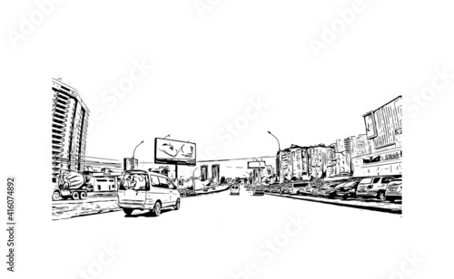 Building view with landmark of Novosibirsk is the
city in Russia. Hand drawn sketch illustration in vector.