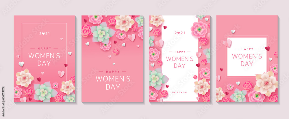Set of cute pink floral posters for Women's Day 2021 holiday. Collection of different designs with flowers, hearts and text on pink background. 8 march greetings concept. - Vector illustration