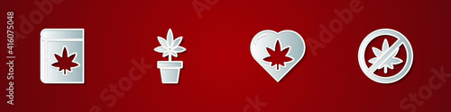 Set Book and marijuana or cannabis, Marijuana plant, leaf in heart and Stop icon. Vector.