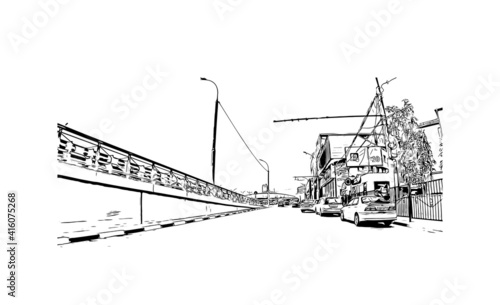 Building view with landmark of Novosibirsk is the
city in Russia. Hand drawn sketch illustration in vector.
