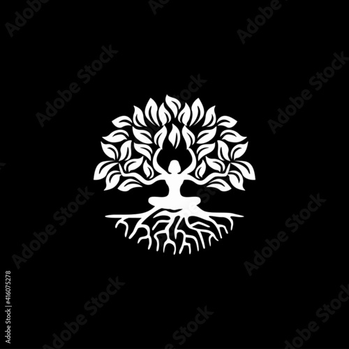 Elegant and Modern Yoga tree design with a beautiful human 
pose in the middle of the tree