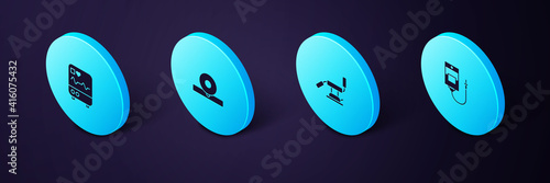 Set Isometric IV bag, Medical dental chair, Otolaryngological head reflector and Monitor with cardiogram icon. Vector.