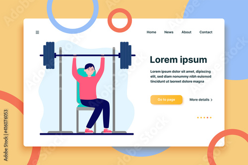 Young guy training with barbells. Weight, muscle, gym flat vector illustration. Sport and fitness concept for banner, website design or landing web page