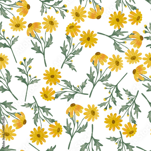 yellow daisy flower watercolor pattern design hand drawing with yellow flower color and green leaf color