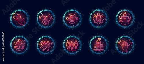 10 in 1 vector icons set related to team building and co working theme. Lineart vector icons in geometric neon glow style with particles isolated on background.