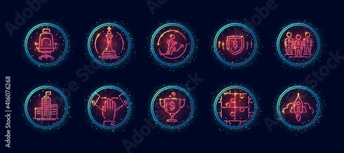 10 in 1 vector icons set related to headquarters office theme. Lineart vector icons in geometric neon glow style with particles isolated on background.