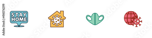 Set Stay home, , Medical protective mask and Earth globe with virus icon. Vector.