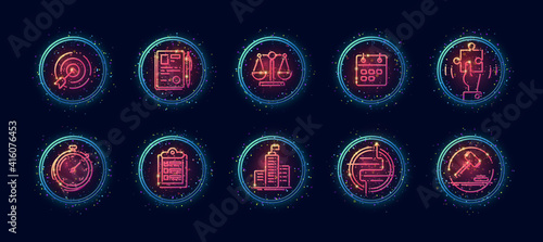 10 in 1 vector icons set related to comparison theme. Lineart vector icons in geometric neon glow style with particles isolated on background.