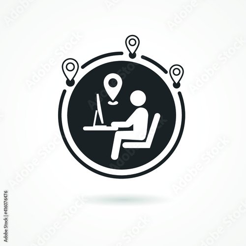 Work from anywhere icon. Man with laptop and globe behind. Concept of remote working and lifestyle digital anywhere.-Vector