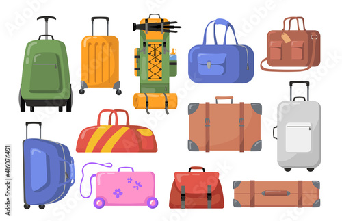 Travel bags set. Plastic and metal suitcases with wheels for children or adults, trekking backpacks. Vector illustration for tourism, luggage, baggage, tour concept