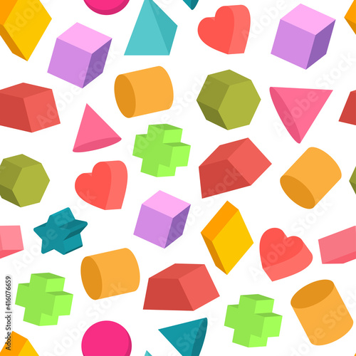 Geometric shapes vector cartoon seamless pattern on a white background.