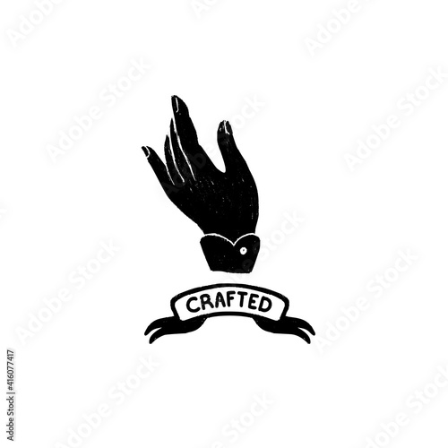 Hand Crafted vector logo - a vintage handmade badge with hand and ribbon in stamp print style. Vintage vector illustration.