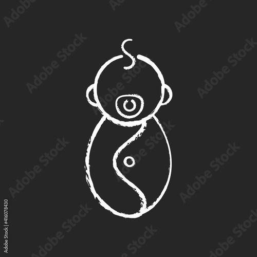 Male newborn chalk white icon on black background. Baby phase. Infancy development. Age period from birth to 2 months. Tracking feedings and diapers. Isolated vector chalkboard illustration