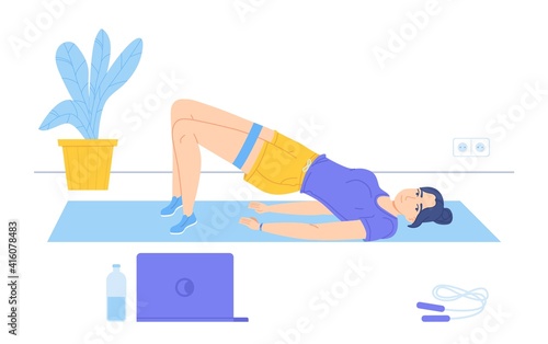 Girl do a Pelvic Lift lying on mat during watching sport coach on laptop. Online exercise, sport home, body positive, morning work-out concept. Stock vector illustration in flat style