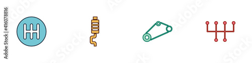 Set Gear shifter, Car muffler, Timing belt kit and icon. Vector.